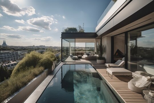 penthouse terrace with a swimming pool overlooking Paris, generative AI
