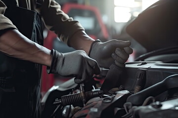 Fototapeta na wymiar Car mechanic wearing gloves using wrench while working on car, Car auto services and maintenance check concept