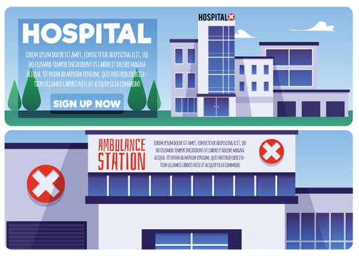 Ambulance Station And Hospital Banners Bundle, Flat Vector Illustration.