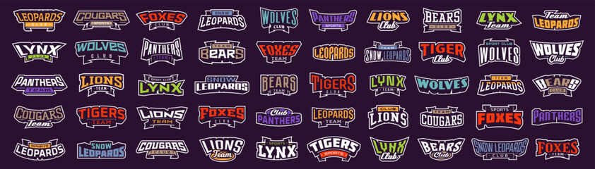 Set of bold fonts for logo animal mascot. Font with inscription lions, tigers, panthers, cougars, leopards, bears, wolves, foxes, lynxes. Collection of text style lettering for esports team, mascot