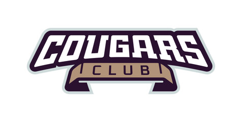 Bold sports font for cougar mascot logo. Text style lettering for esport, cougar mascot logo, sport team, college club. Font on ribbon. Vector illustration isolated on background