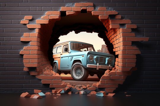 3d Image. The Car Punches A Hole In A Brick Wall. 3D Illustration Of A Car. Designer Wallpaper. 3d Wallpaper