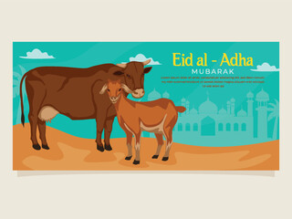 Eid al adha mubarak cow goat banner illustration