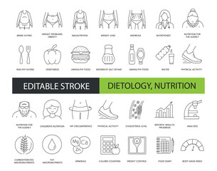 Dietology and nutrition line icon set in vector, weight problem illustration. obesity and overeating, malnutrition and weight loss and anorexia, healthy eating, hip circumference. Editable stroke