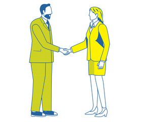 握手をするスーツ姿のシンプルな2色のイラスト　スーツ姿の男性とスーツ姿の女性　ビジネスイメージ商談