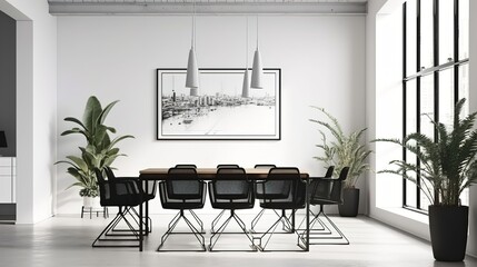 A modern working office style decoration design, with a large wall art frame blank mockup with white background, simple and elegant, luxury style decoration for office workplace, AI generated