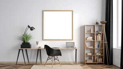 A modern working office style decoration design, with a large wall art frame blank mockup with white background, simple and elegant, luxury style decoration for office workplace, AI generated
