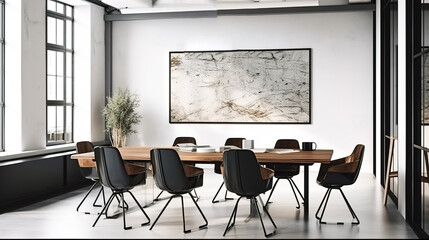 A modern working office style decoration design, with a large wall art frame blank mockup with white background, simple and elegant, luxury style decoration for office workplace, AI generated