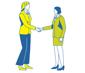 握手をするスーツ姿のシンプルな2色のイラスト　スーツ姿の女性とスーツ姿の女性　ビジネスイメージ商談
