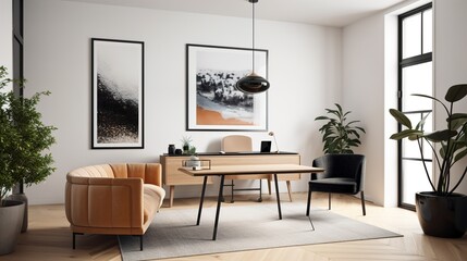 A modern working office style decoration design, with a large wall art frame blank mockup with white background, simple and elegant, luxury style decoration for office workplace, AI generated