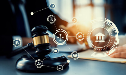 Smart law, legal advice icons and lawyer working tools in the lawyers office showing concept of...