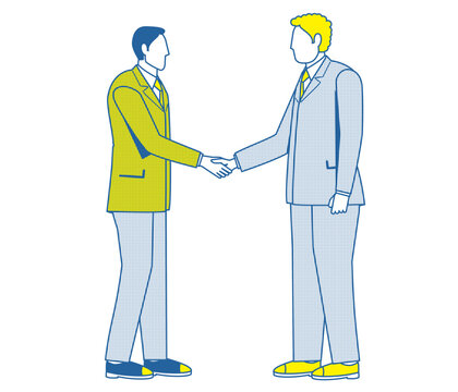 握手をするスーツ姿のシンプルな2色のイラスト　スーツ姿の男性とスーツ姿の男性　ビジネスイメージ商談