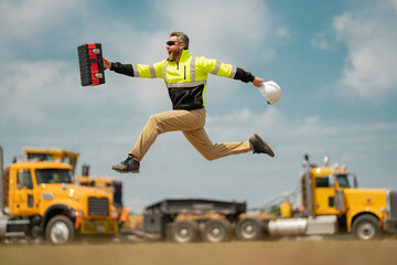 Construction man excited jump with helmet. Worker at construction new building. Builder at construction site. Foreman workman portrait. Builder in helmet outdoor portrait. Worker in hardhat. - obrazy, fototapety, plakaty