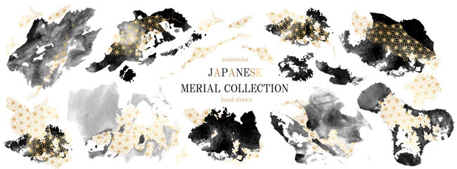 和柄, 金箔, 筆書き, 和, フレーム, 背景, ベクター, 金色, 水彩, 水墨, 年賀状, 麻の葉, 手書き, 麻の葉模様, 日本画, 墨, 墨汁, 筆, セット