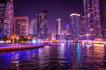 Dubai Marina in Dubai, UAE. View of the skyscrapers and the canal. view at night