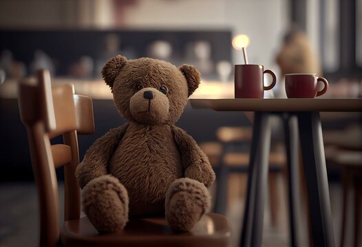 Teddy bear on chair in coffee shop or kid room - 3D Rendering. Generative AI
