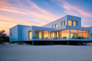 A house on the beach with the sunset in the background 