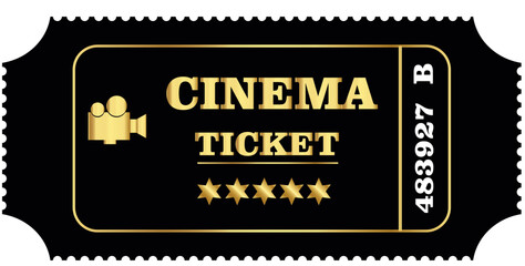 black and gold cinema ticket on transparent background
