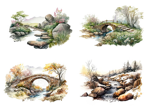 Collection of landscape backgrounds of streams and bridges. in all seasons  AI generated illustration in a watercolor style