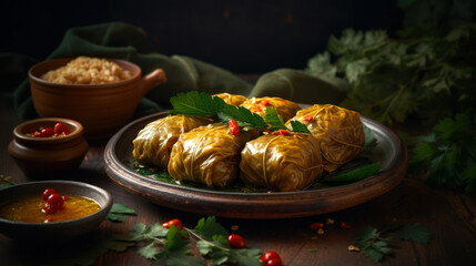 The Art of Turkish Cuisine: A Mouthwatering Shot of Sarma. Food photography. Generative AI