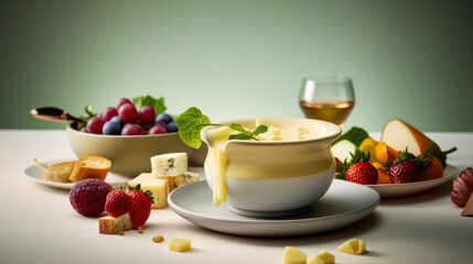 Savory Swiss Fondue: Melted cheese and vegetables, food photography. Generative AI