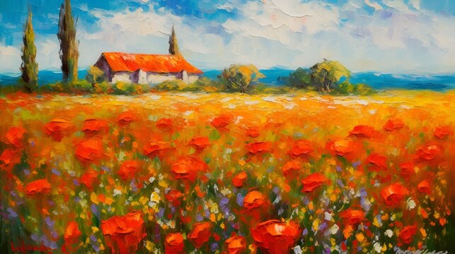 painting of a field of flowers near a house, palette knife impressionism, large-scale canvas, impressionist-landscapes, oil painting, red and orange, encaustic painting, Generative AI, Generative, AI