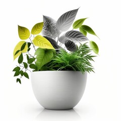 Green and white artificial plant with small leaves in white pot isolated on white background. The concept of minimalism. Hipster scandinavian style room interior, Generative AI