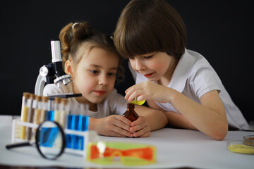 Obraz na płótnie Canvas Children scientists. Schoolchildren in the laboratory conduct experiments. Boy and girl experiments with a microscope.