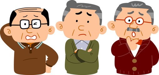 困っている三人のシニア男性の上半身
