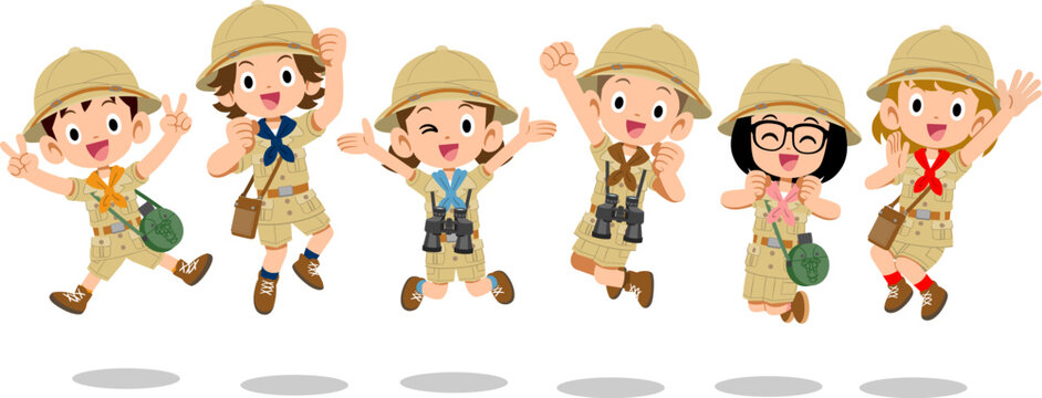 ジャンプする男女の探検隊
