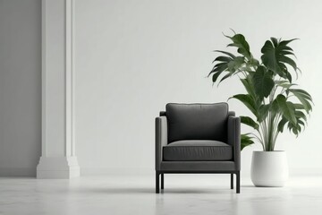 Minimalist sitting room, furniture, potted plant, minimalist background, Generative AI
