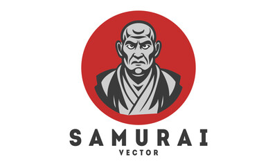 Vector simple portrait of a formidable evil samurai against the background of a red bloody sun. White isolated background. Sticker, icon or logo.