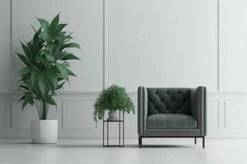 Minimalist sitting room, furniture, potted plant, minimalist background, Generative AI