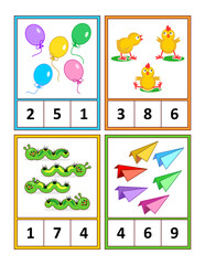 Cards, or worksheet, to learn and practice counting 1 to 10. Count objects. Circle the correct answer. Language independent.
