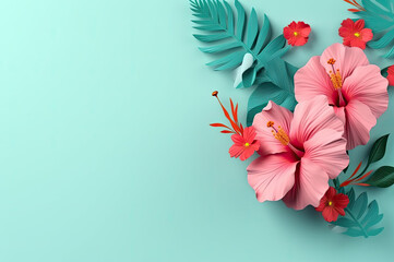 Hibiscus flowers with blue background created with Generative AI technology