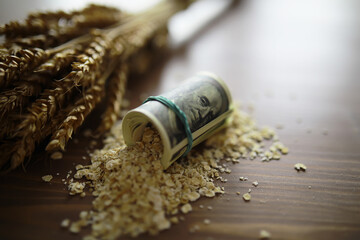 The concept of the cost of grain. 5000 ruble banknotes around a handful of ground grain. World...