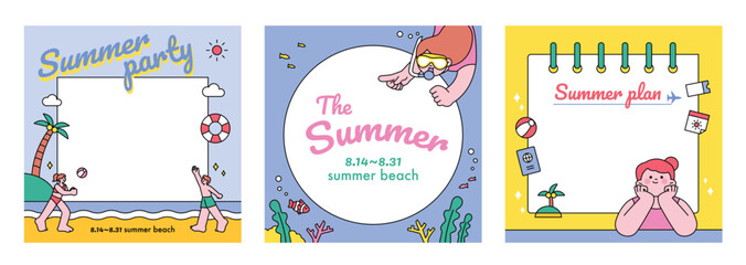 People enjoying summer. Summer vacation, beach resort advertising banner template.