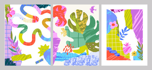 Fototapeta premium Poster template with various shapes and doodle objects. Abstract contemporary modern trendy cards. Perfect for textile prints. Editable vector illustration