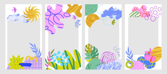 Social media template with phoyo space. Modern shapes and doodle objects. Abstract contemporary modern trendy stories template.  Memphis style. Editable vector illustration