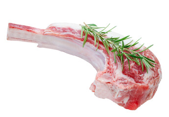 Australian lamb rack cutlets on white background or Raw Frenched Rack 8 Ribsisolate on white PNG File.  © KT Studio