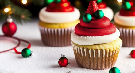 A tray of christmas cupcakes with christmas decorations on top