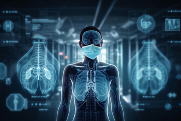 Healthcare and medicine, Virus, Doctor and robotics research diagnose virtual Human Lungs with virus spread inside on modern interface screen on laboratory, Innovation and Medical technology ,Ai