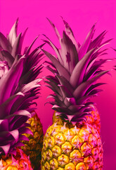 Tropical summer exotic background, bright summer colors, vivid pink background. Delicious pineapple, fruit as a real healthy refreshment. Illustration, Generative AI.