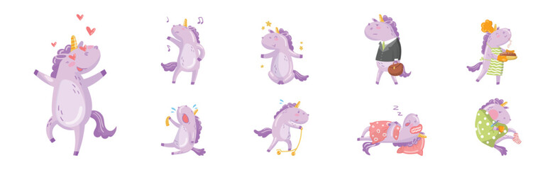 Funny Purple Unicorn Engaged in Different Activity Vector Illustration Set