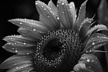 Sunflower with a lot of water droplets, black and white, Generative AI