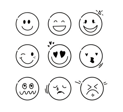 Doodle Emoji face line icon set. Comic faces with different emotion expressions, smile, happy, in love, angry, sad. Doodle cartoon style. Vector illustration isolated on white background