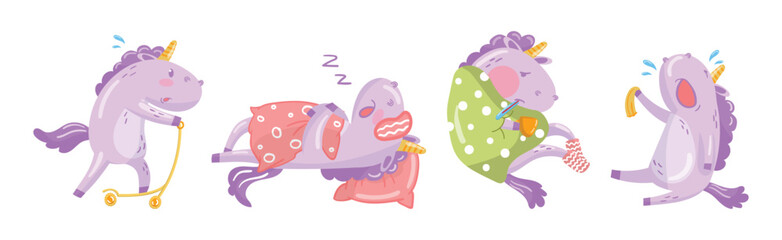 Funny Purple Unicorn Engaged in Different Activity Vector Illustration Set