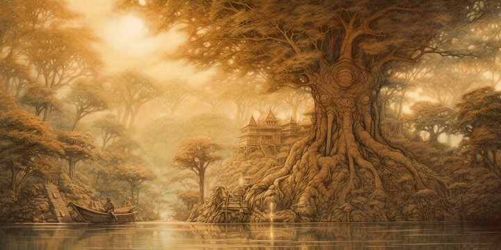 an image of nature, such as a calm river or a lush forest in inviting colors. Including an ancient tree with a wise human face subtly merged with the bark, symbolizing the wisdom of the Bhagavad Gita
