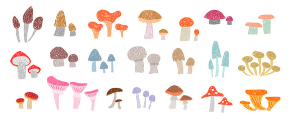 Children's drawing. Set of crowns mushrooms