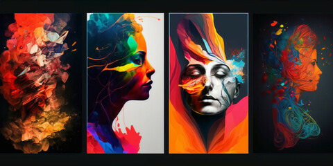 Abstract art posters for an art exhibition: music, literature or painting. illustrations of figures, portraits of people, hands, spots and textures, without inscriptions